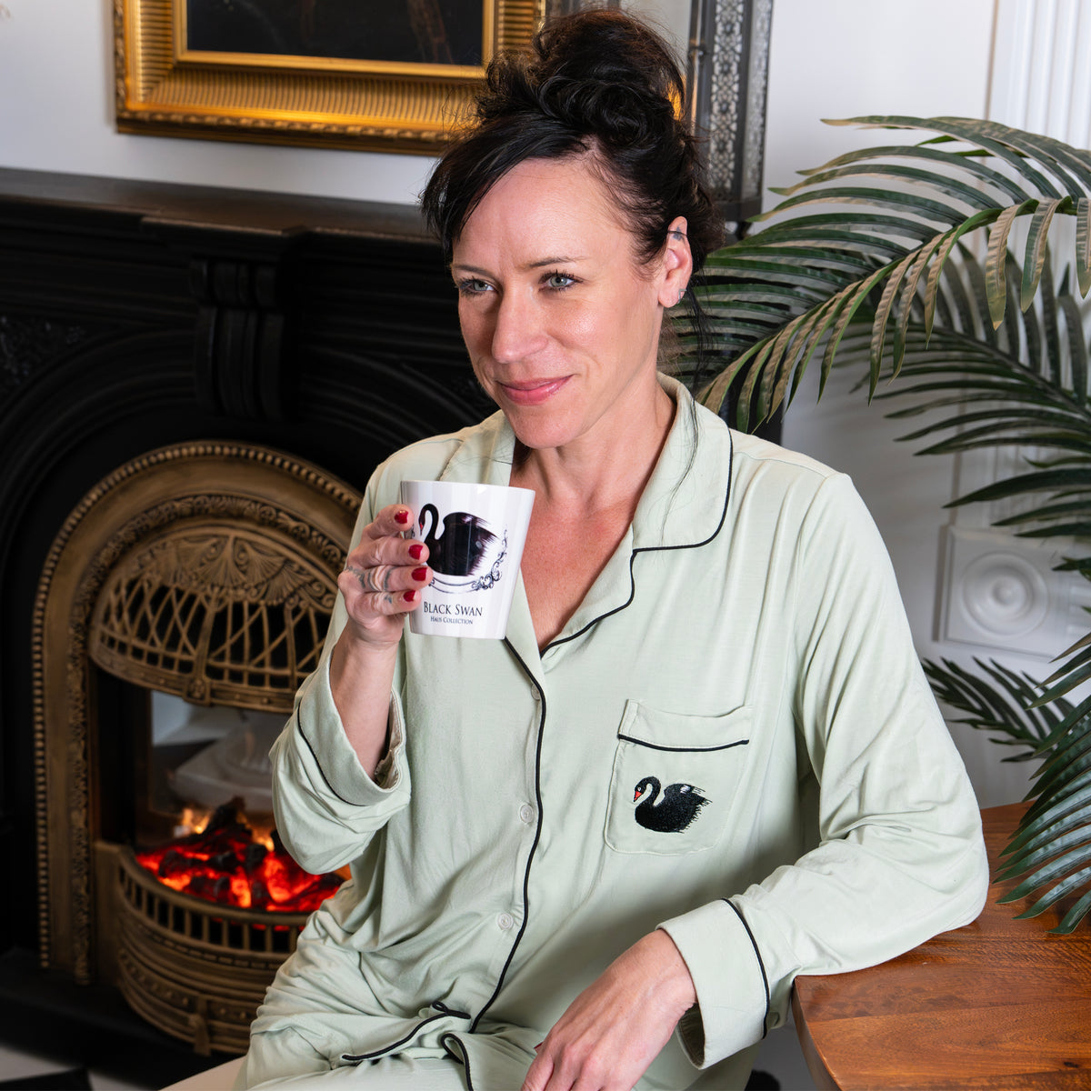 Embroidered Black Swan Bamboo Pajamas